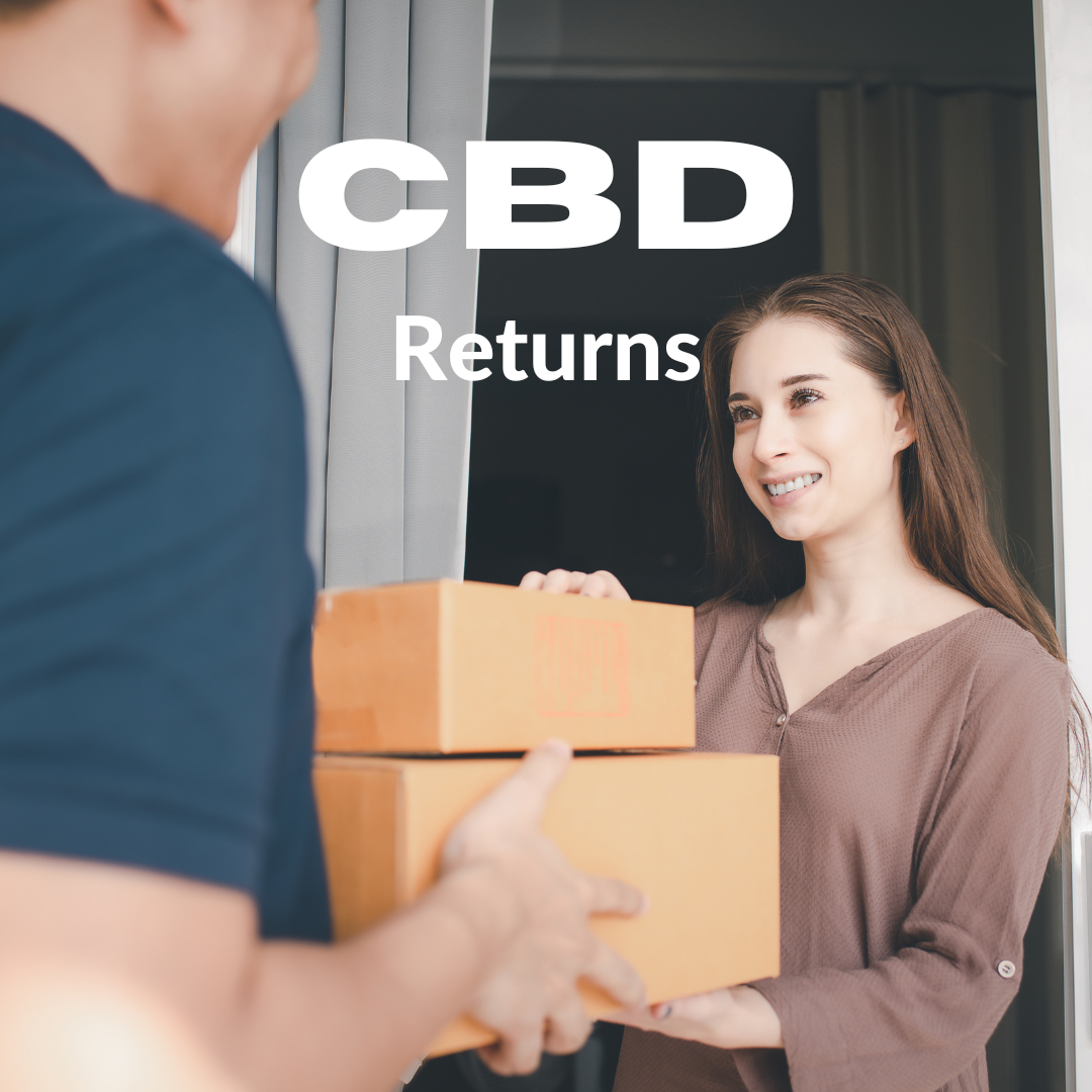CBD Returns text overlayed a man taking packages from a millennial woman